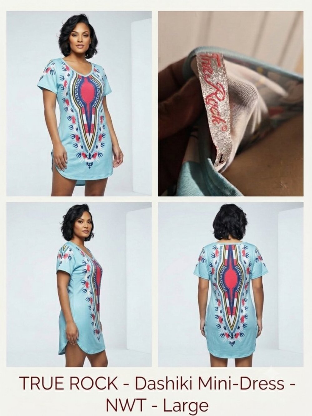 True Rock Light Blue Dashiki Print Mini Dress NWT - Large